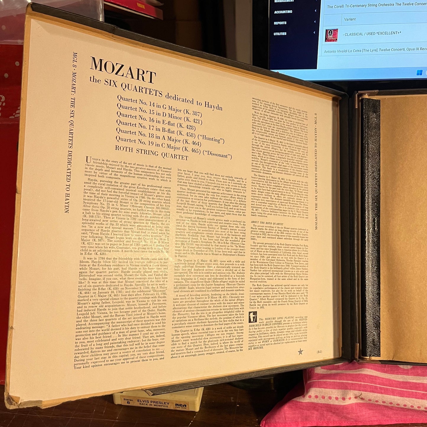 MOZART Six quartets dedicated to Haydn Roth String Quartet. Quartet No. 14 In G Major (K.387), Quartet No. 15 In D Minor (K.421) | Excellent (EX) Very Good Plus (VG+)