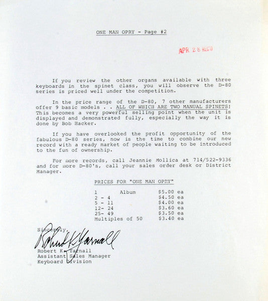 "One Man Opry" Bob Hacker Plays The Yamaha Electone D-80 (VINYL) | Near Mint (NM) Excellent (EX)