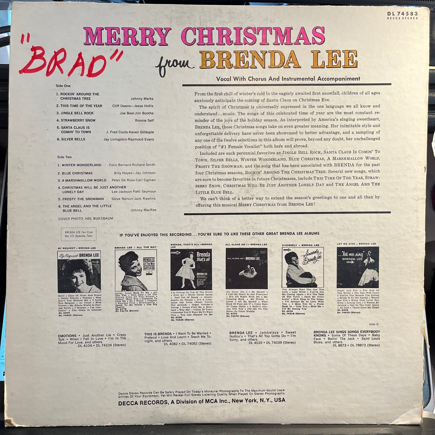 Merry Christmas From Brenda Lee (VINYL) | Excellent (EX) Very Good (VG)
