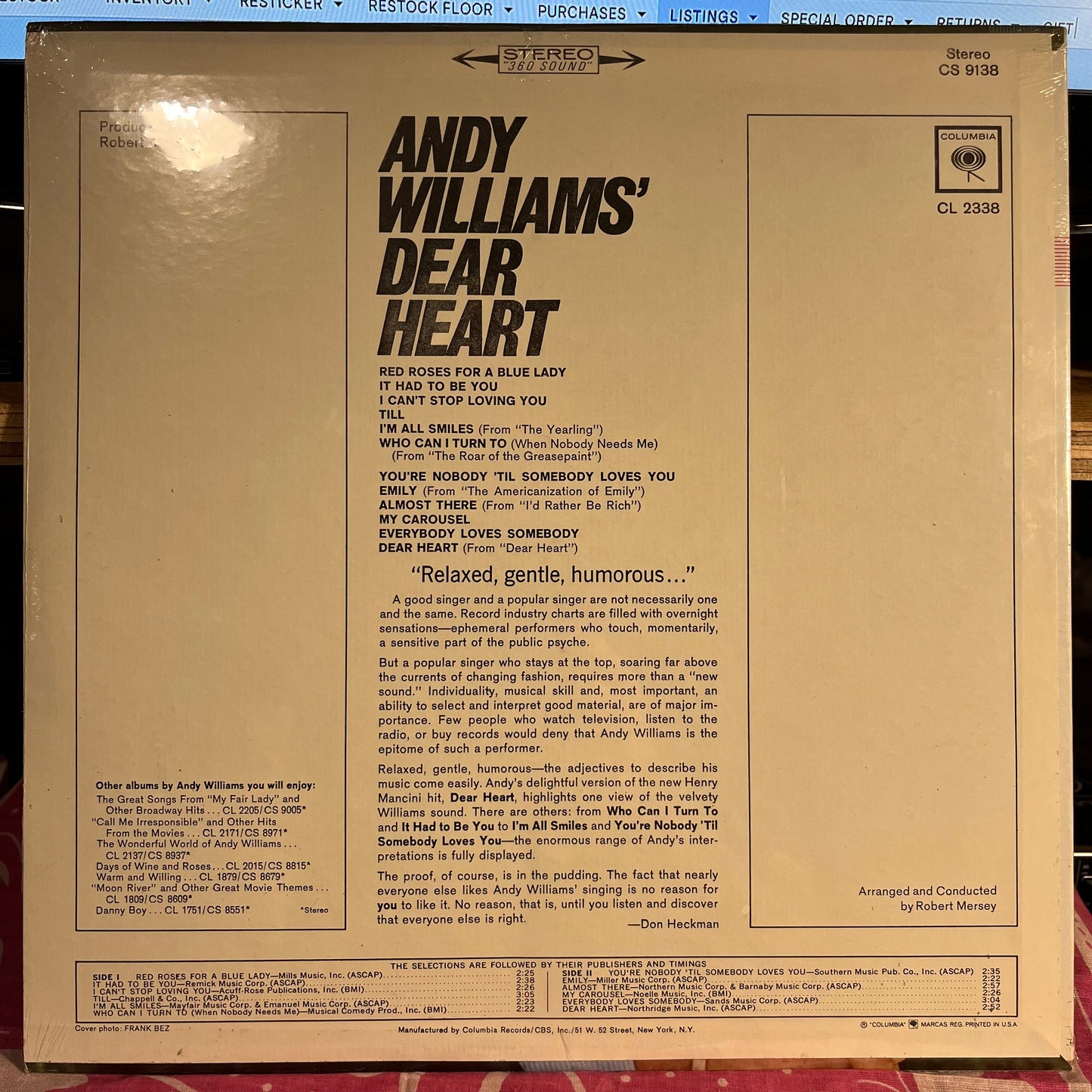 Andy Williams' Dear Heart | Mint (M) Near Mint (NM)- X Vinyl Record