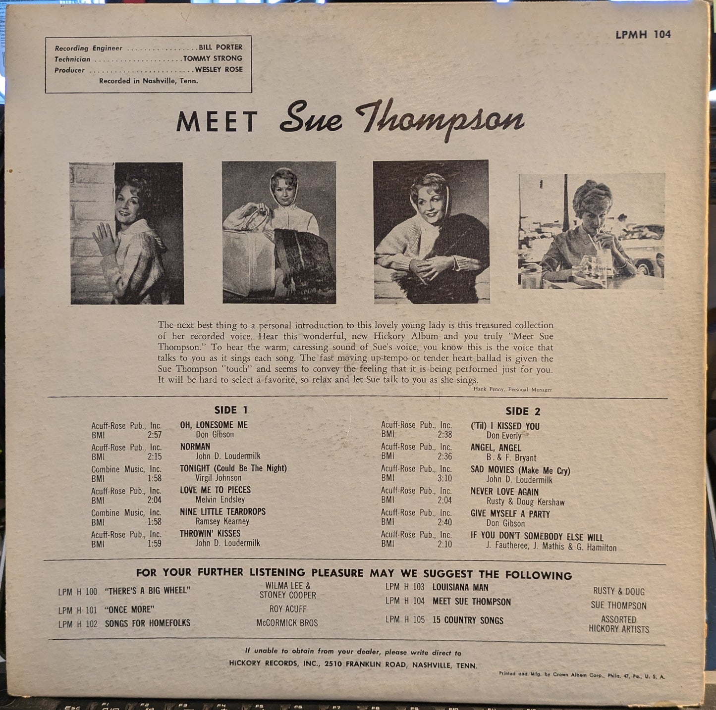 Meet Sue Thompson | Very Good Plus (VG+) Excellent (EX)- X Vinyl Record