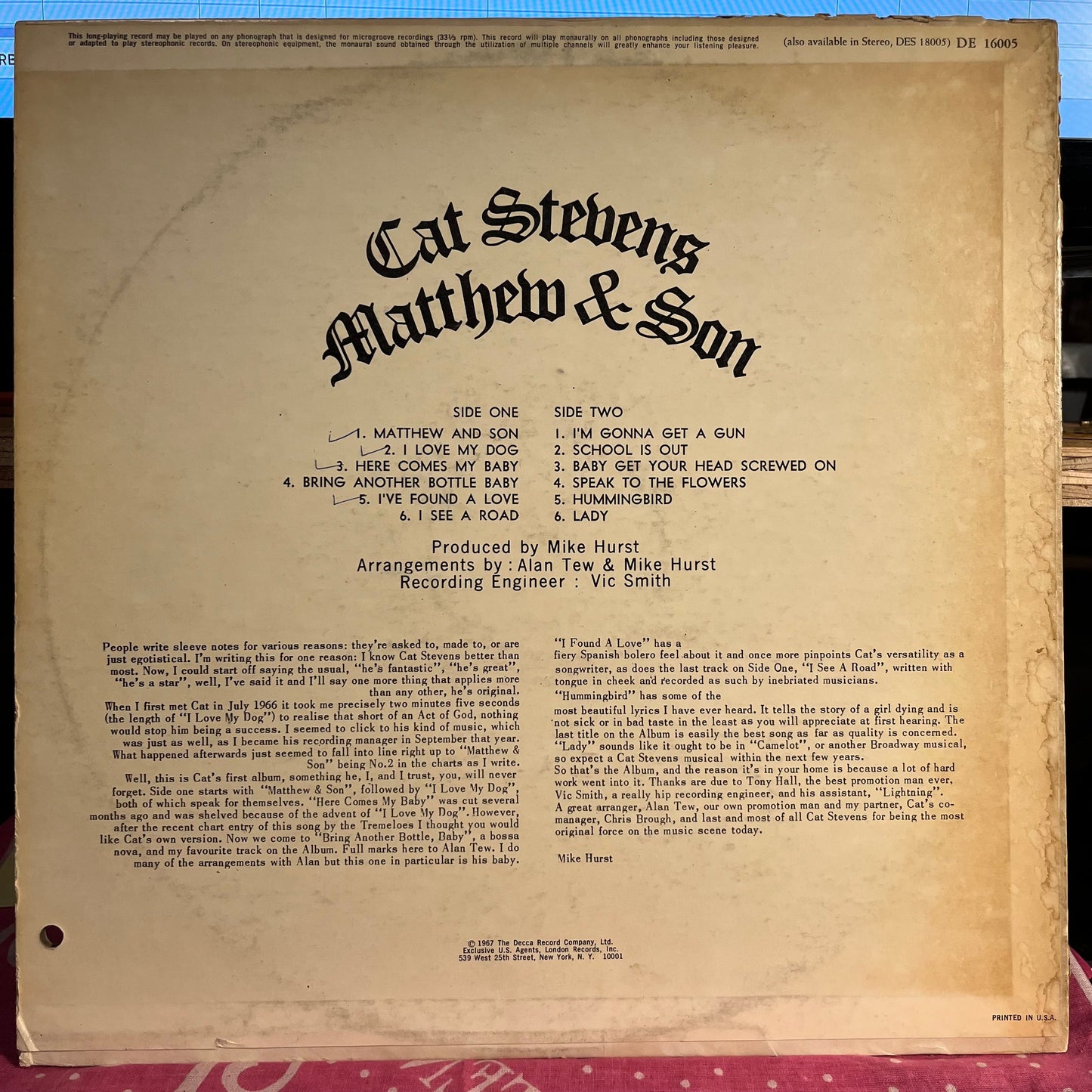 Matthew & Son *MONO* | Excellent (EX) Very Good Plus (VG+)- X Vinyl Record