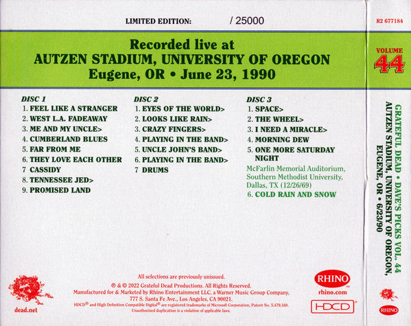 Dave's Picks, Volume 44 (3xCD)(Autzen Stadium, U. Of Oregon, Eugene, OR • 6/23/90) | Mint (M) Near Mint (NM)