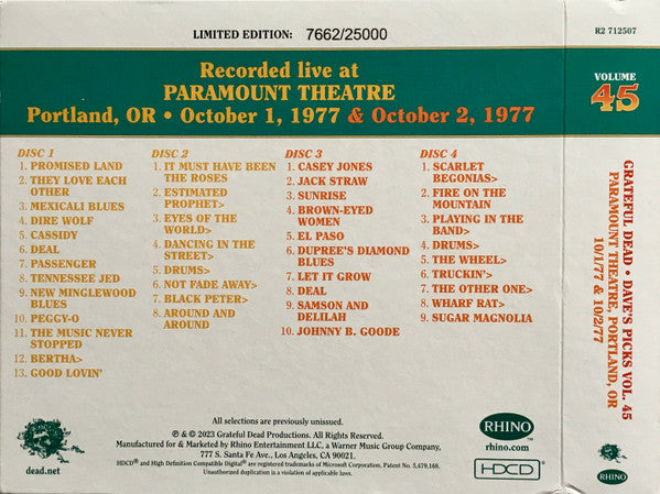 Dave's Picks, Volume 45 (4xCD)(Paramount Theatre, Portland, OR • 10/1-2/77) | Mint (M) Near Mint (NM)