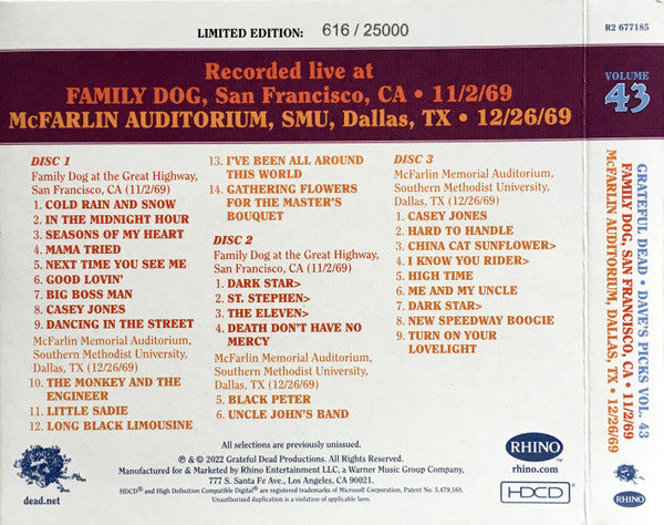 Dave's Picks, Volume 43 (3xCD)(San Francisco, 11/2/69 • Dallas, 12/26/69) | Mint (M) Near Mint (NM)