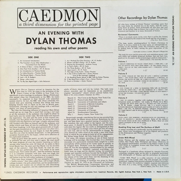 An Evening With Dylan Thomas Reading His Own And Other Poems | Near Mint (NM) Excellent (EX)- X Vinyl Record